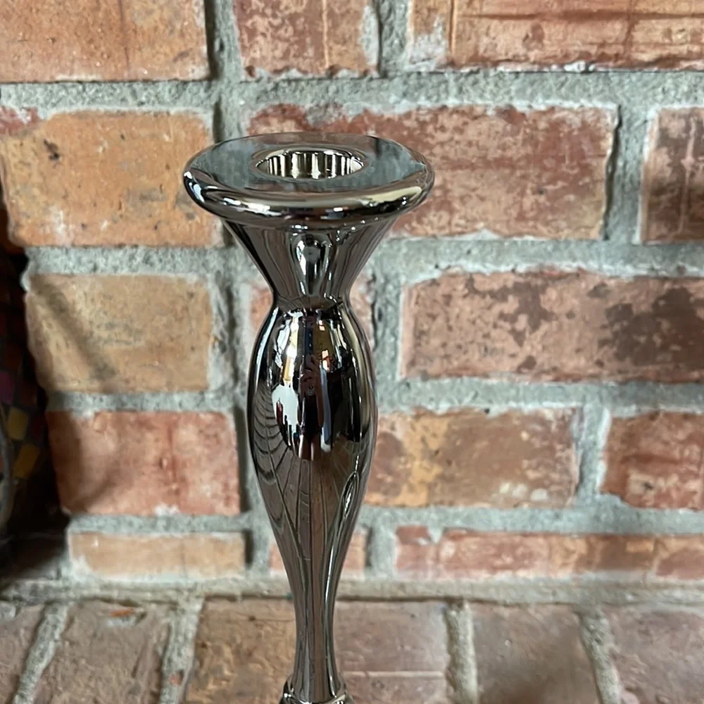 PartyLite Set of 2 Silver Chrome Wide Base Candlestick Holders